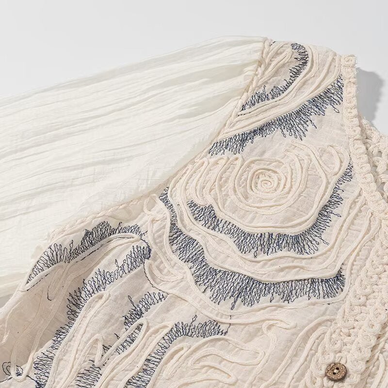 Ladies Embroidered Crochet Knit Cardigan with Transparent Pleated Sleeves Chichicherry