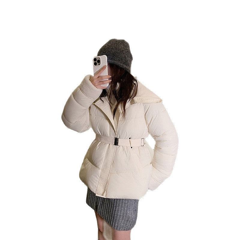 Women's short quilted waist puffer jacket with cozy teddy collar and adjustable buckle strap Chichicherry