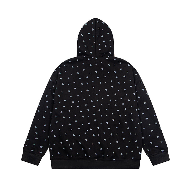 Women's hoodie sweat jacket with full-length zipper, all-over heart print and statement embroidery Chichicherry
