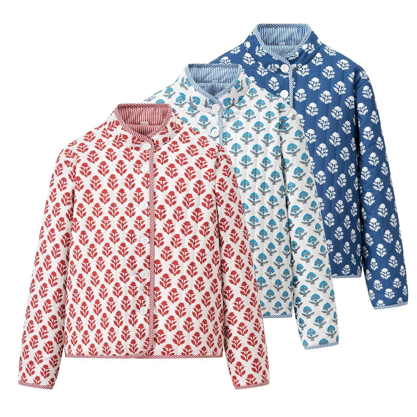 Women's Lightweight Printed Cotton Jacket with Stand Collar and Striped Cuffs Chichicherry