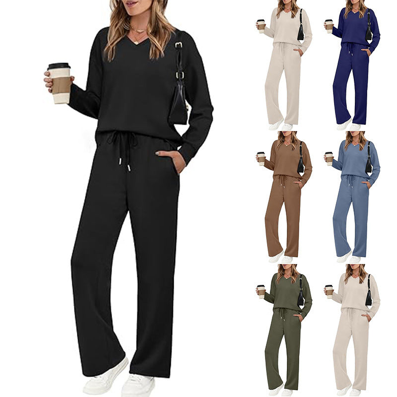 Women Casual Lounge Set with V-Neck Sweatshirt and Loose Drawstring Pants Chichicherry