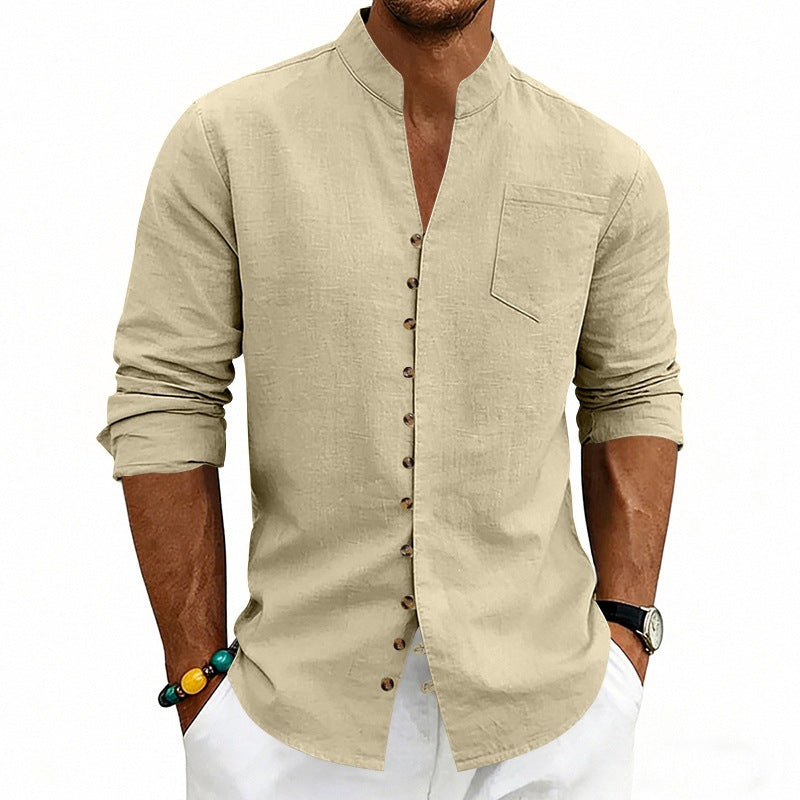 Men's shirt with stand-up collar and asymmetrical button placket made of linen mix Chichicherry