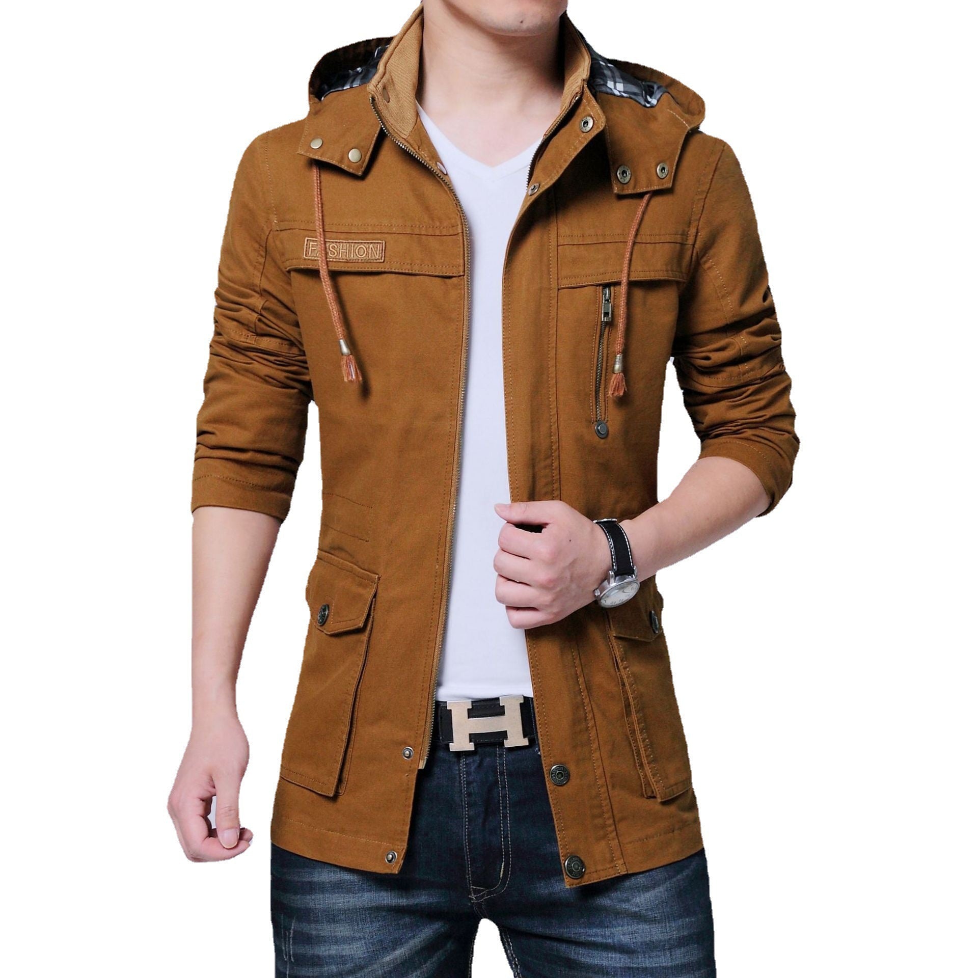 Men's Utility Canvas Jacket with Hood, Zip Front and Multiple Pockets Chichicherry