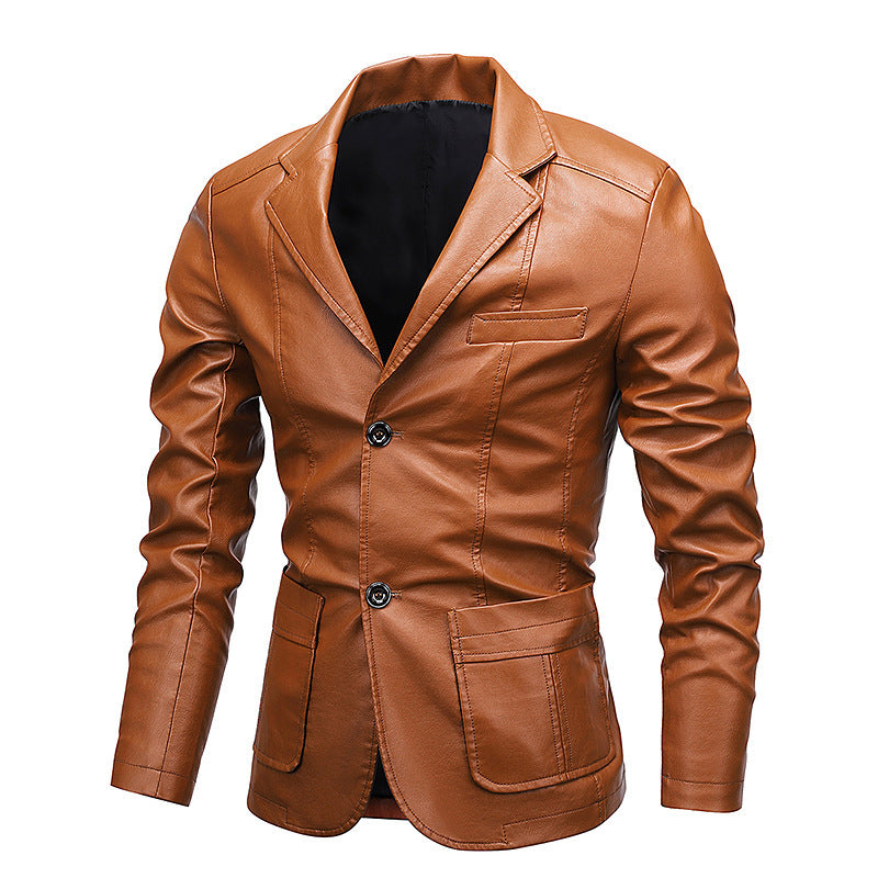 Men's Slim-Fit Faux Leather Blazer with Notched Lapels and Flap Pockets Chichicherry