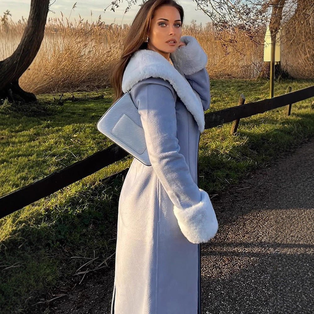 Women Elegant long-cut coat made of velour look with voluminous faux fur shawl collar Chichicherry