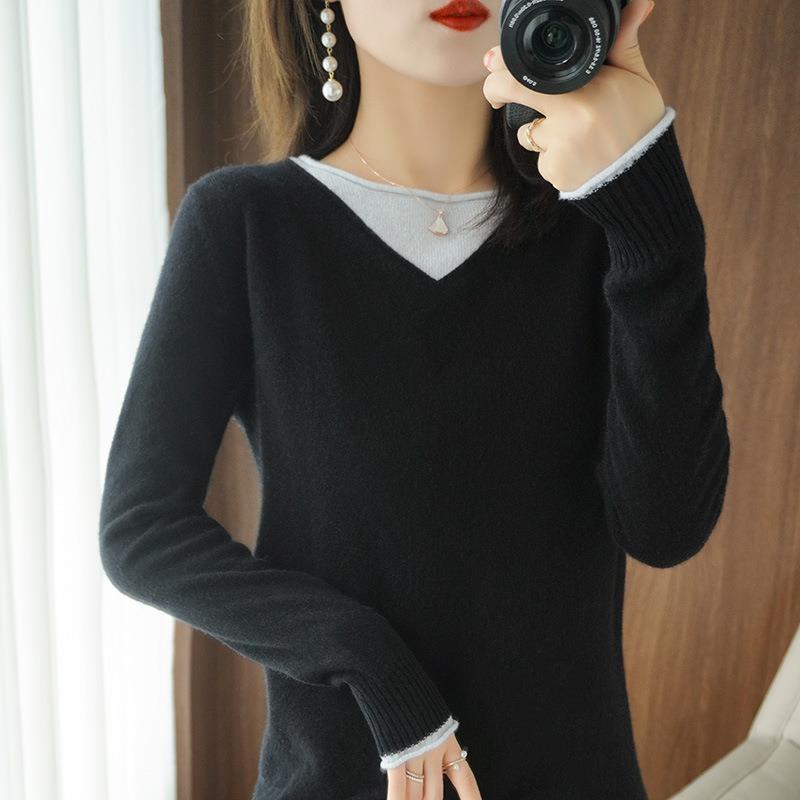 Women Soft V-Neck Sweater in Cashmere Look with Contrasted Border Decoration Chichicherry
