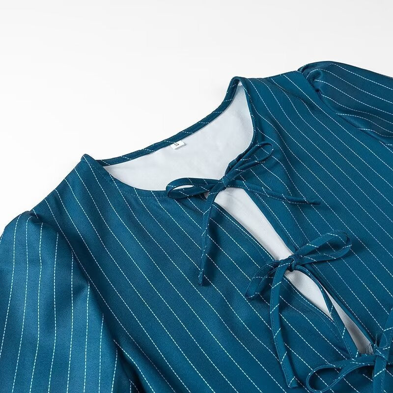 Women's Striped Peplum Blouse with Front Lacing and Long Balloon Sleeves Chichicherry