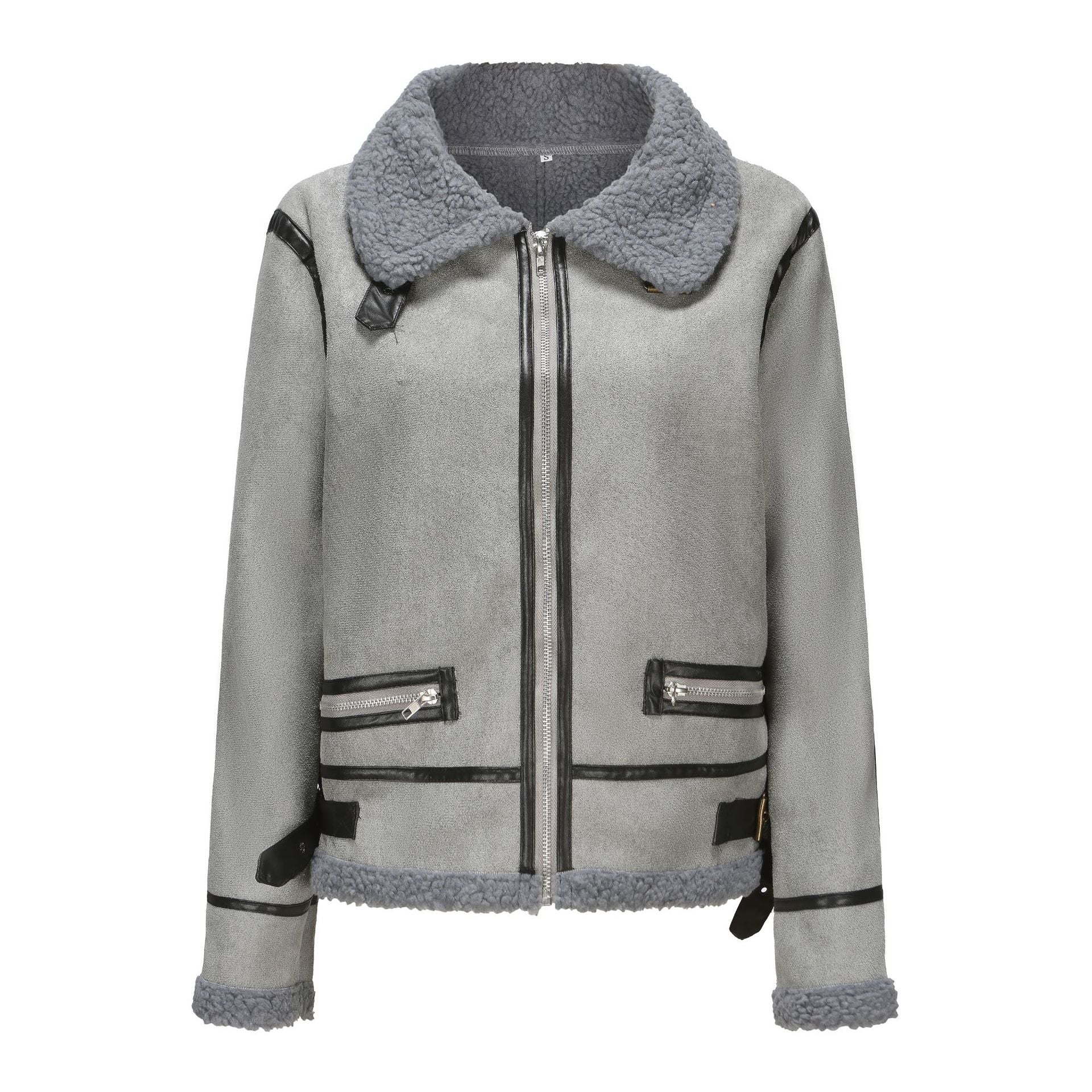 Women Short Cut Aviator Sheepskin Imitation Jacket with Teddy Lining and Faux Leather Trim Chichicherry