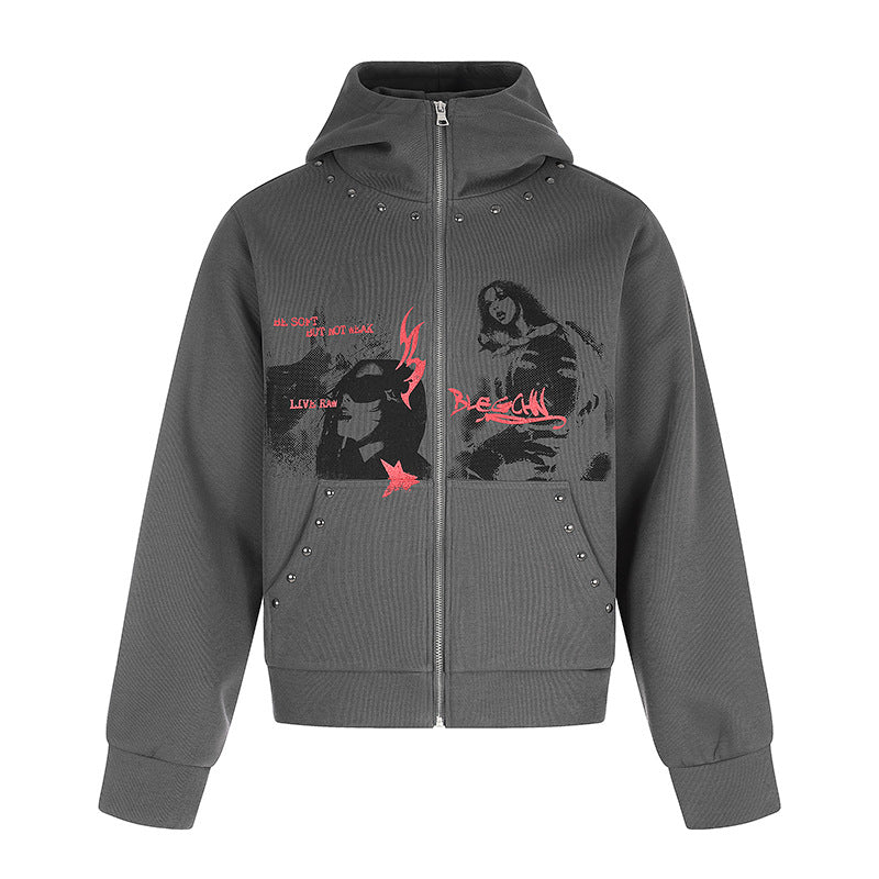 Ladies Hooded Zip Jacket with Stud Embellishment, Artwork Front Print and Kangaroo Pockets Chichicherry
