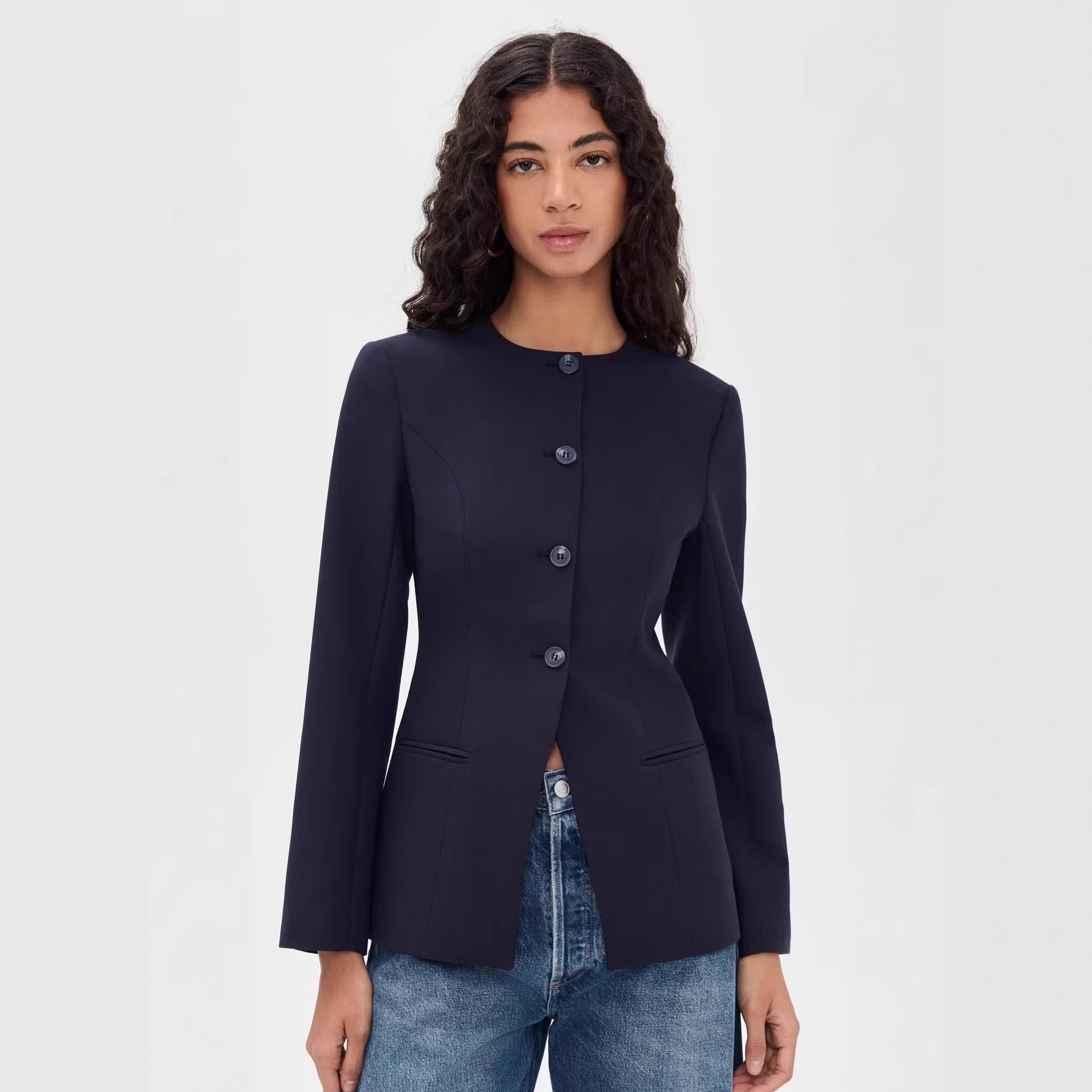Women's Tailored Short Blazer with Round Neckline and Center Button Placket Chichicherry