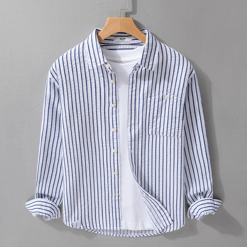 Men's Textured Stripe Shirt in Relaxed Fit made of Cotton-Linen Blend with Chest Pocket Chichicherry