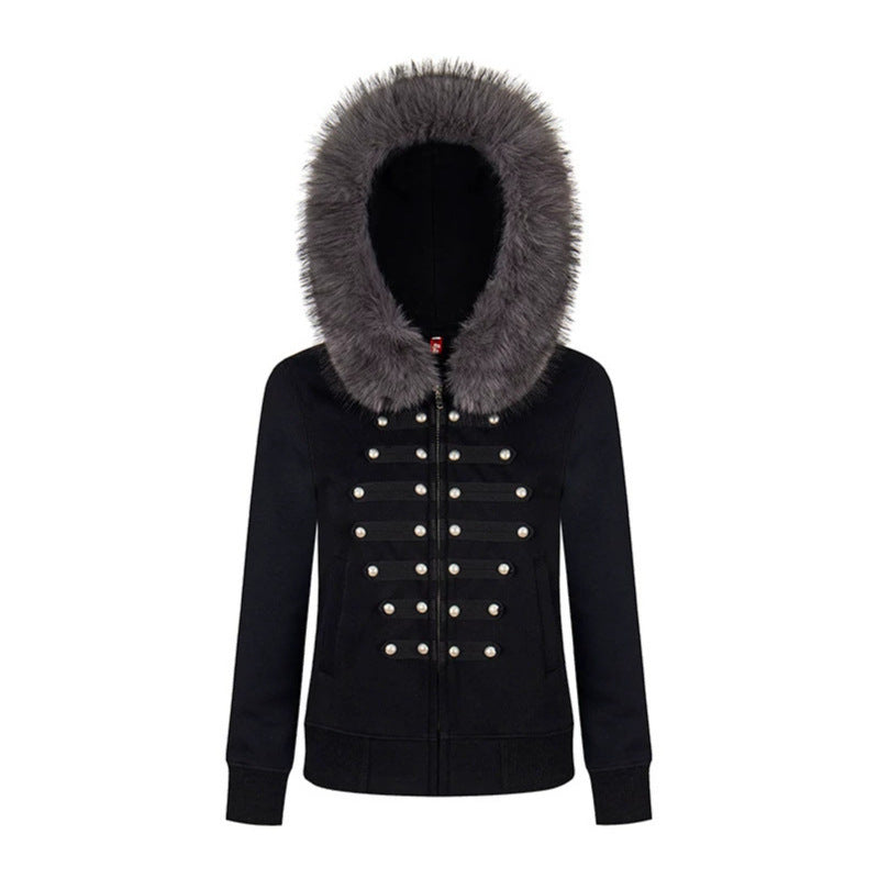 Women’s Hooded Sweat Jacket with Faux Fur Trim and Military Decorative Button Placket Chichicherry