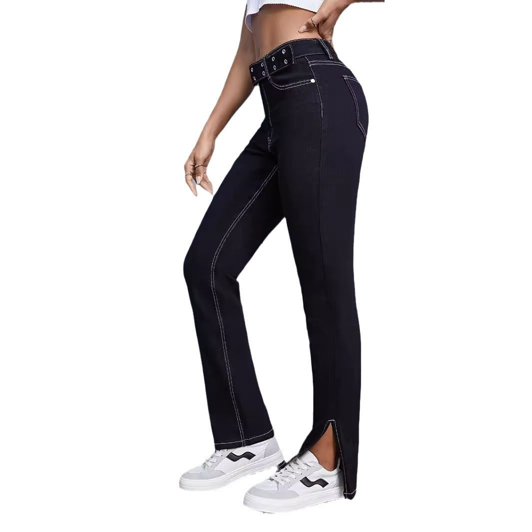 Women High-Waist Straight Jeans with Side Ankle Slit and Contrast Stitch Chichicherry