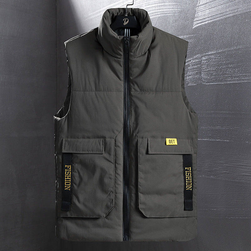 Men's Insulated Outdoor Vest with High Standing Collar, Multifunctional Pockets and Distinctive Webbing Chichicherry