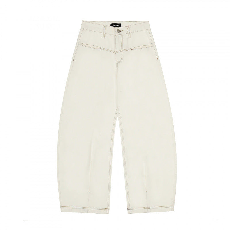 Women Wide Cropped Balloon Jeans with High Waist and Visible Contrast Stitching Chichicherry