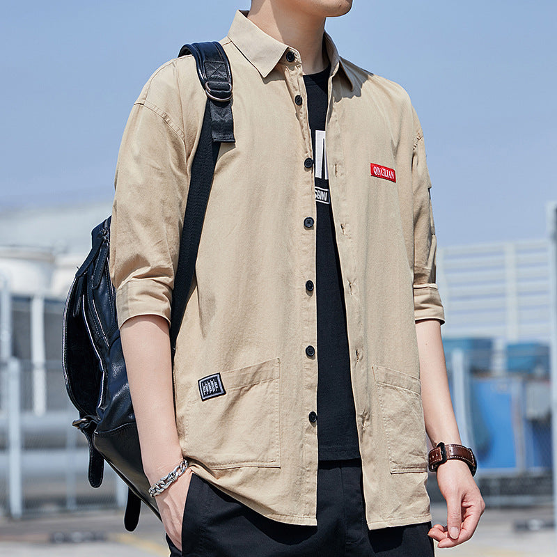 Men's overshirt jacket in lightweight canvas look with patch front pockets and cropped sleeves Chichicherry