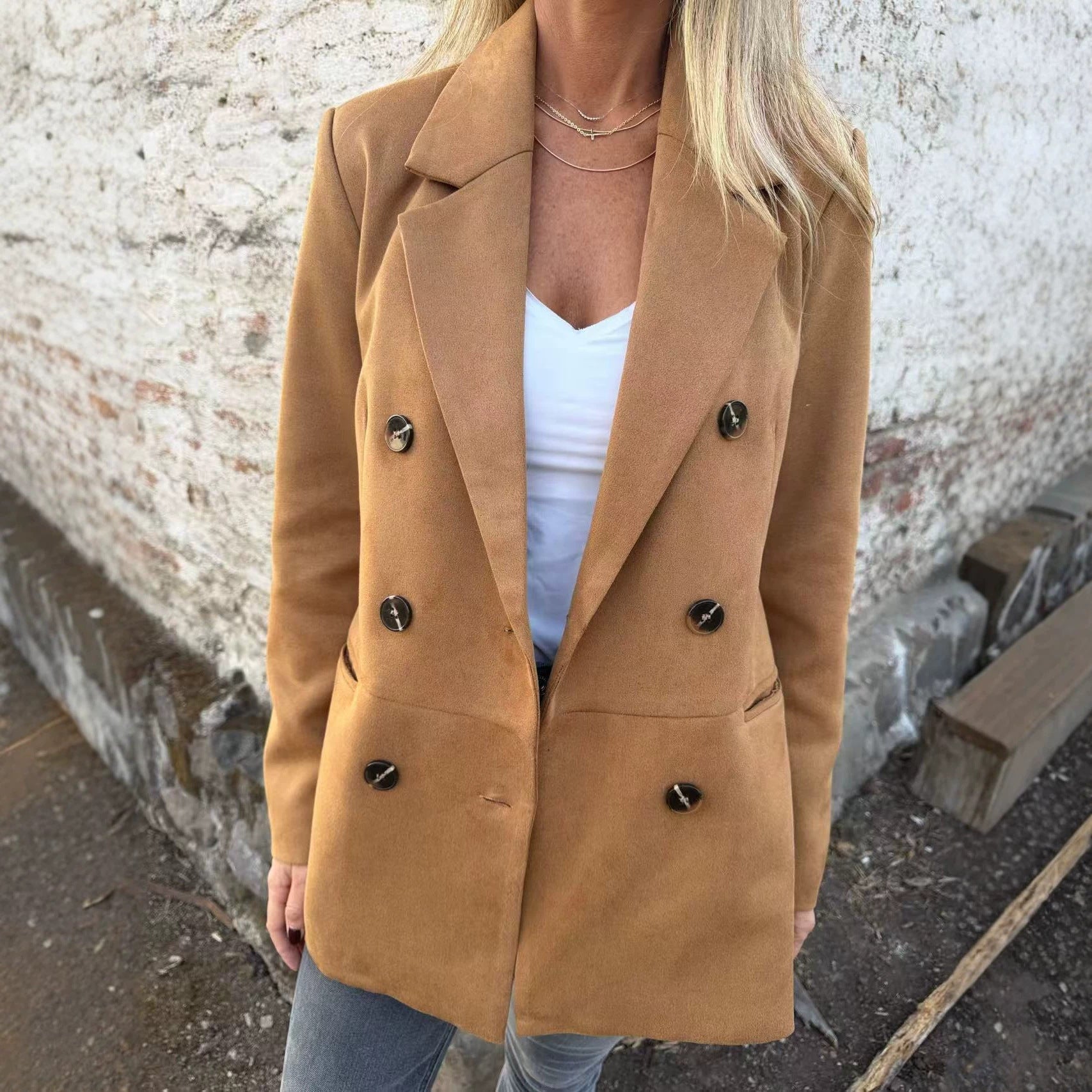 Women Double-breasted coat in velvet look with lapel collar Chichicherry