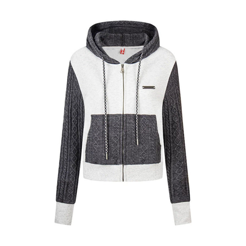 Women's short-cut hooded jacket with textured knit panels, drawstring, and metal zipper Chichicherry