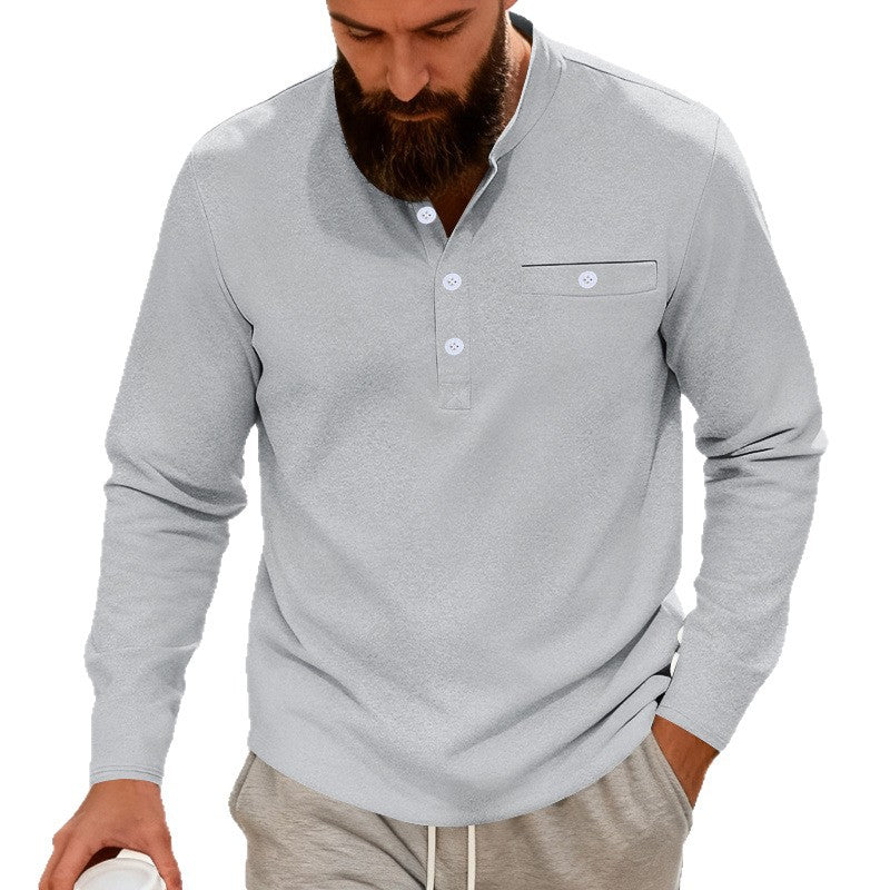 Men's Casual Henley Long Sleeve Shirt with Stand-Up Collar, Chest Pocket, and Curved Hem Chichicherry