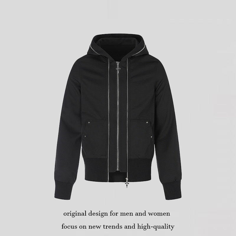 Women’s hooded sweatshirt jacket with high standing collar, contrasting decorative seams and full-length zip Chichicherry
