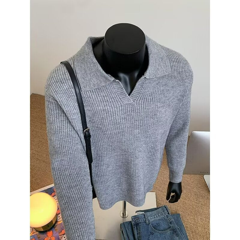 Men's Structured Knit Sweater with Polo Collar and V-Slit Chichicherry