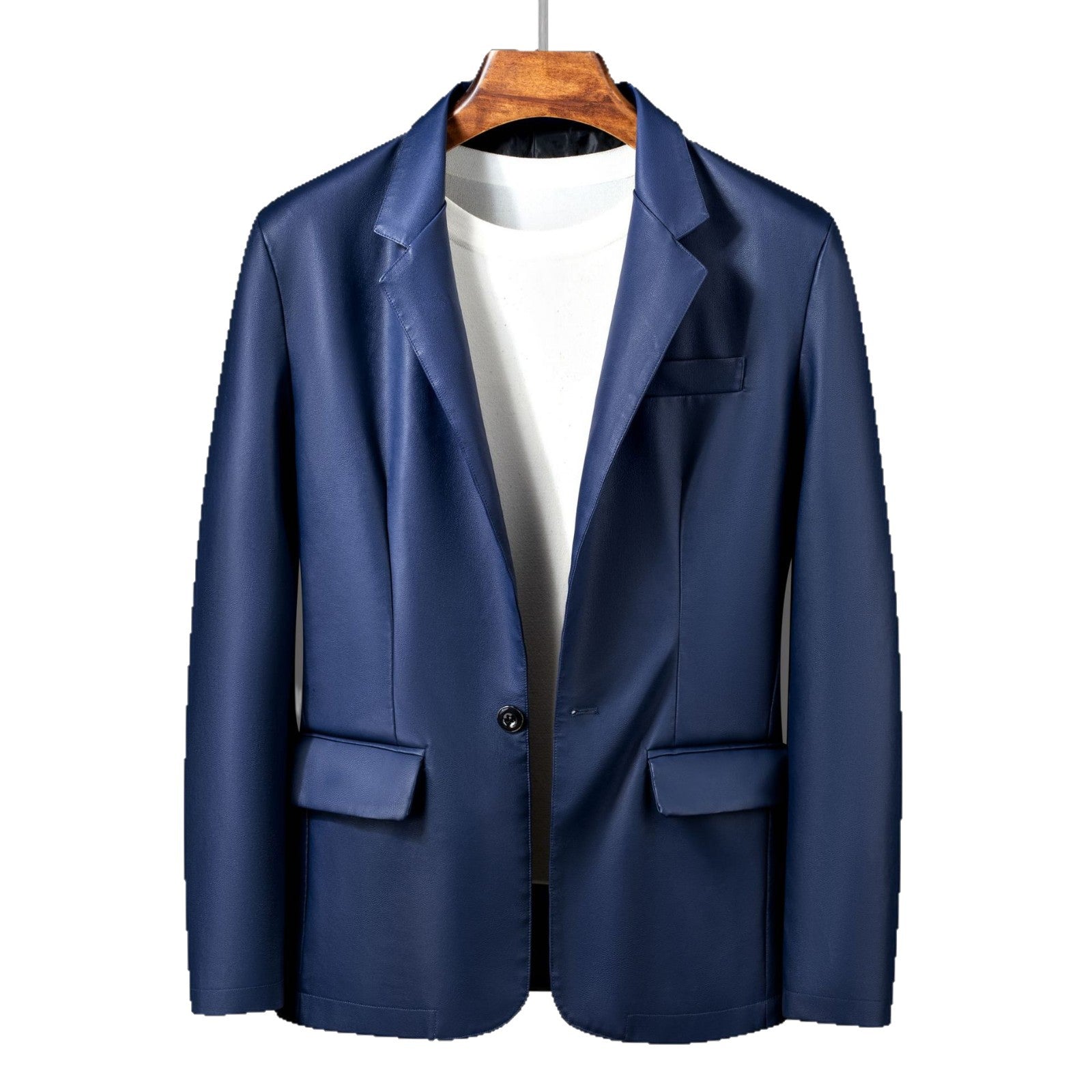 Men's Single-Breasted Blazer made of Faux Leather with Notch Lapel and Flap Pockets Chichicherry