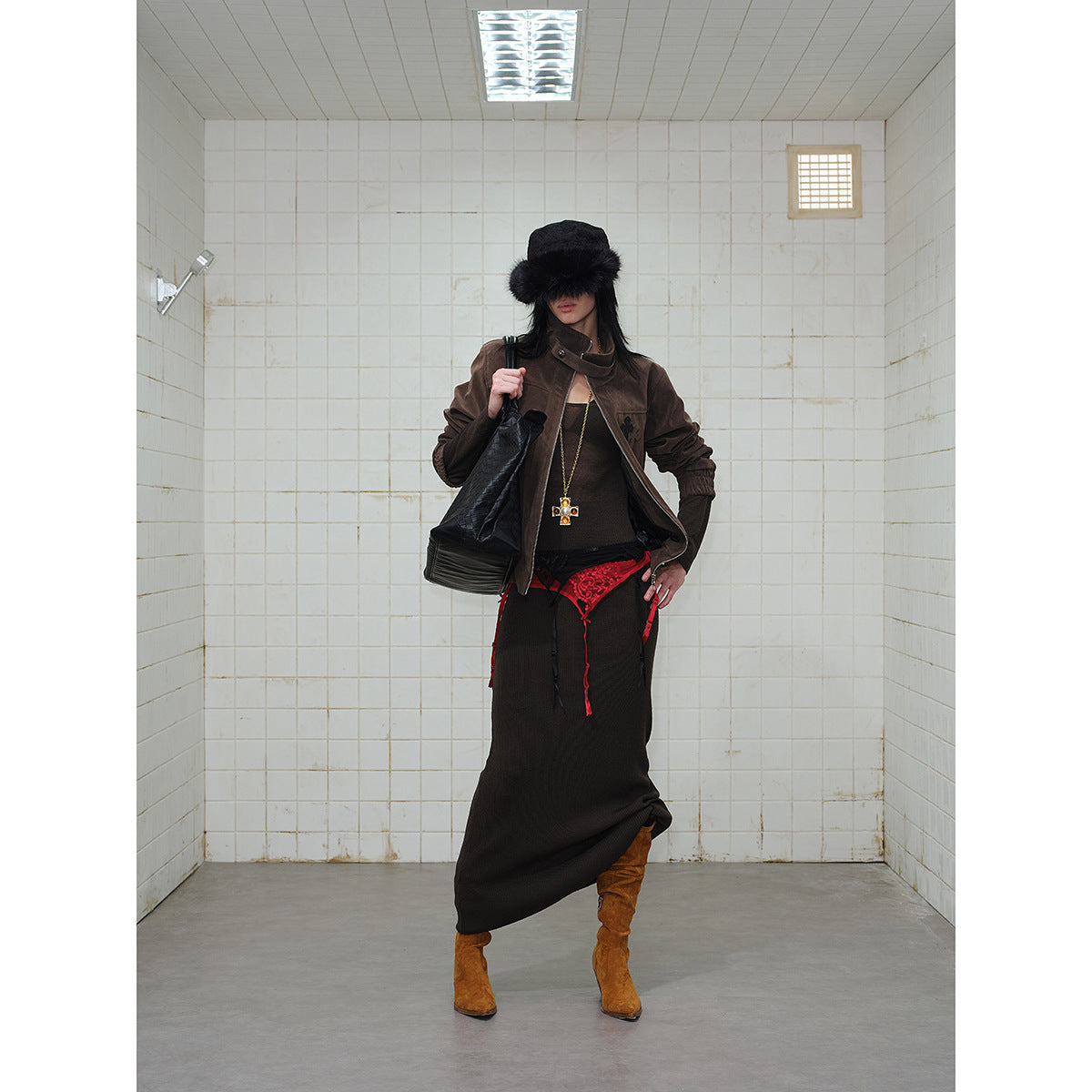Men's short cut velour blouson jacket with funnel collar, patch pockets, and decorative cross application Chichicherry