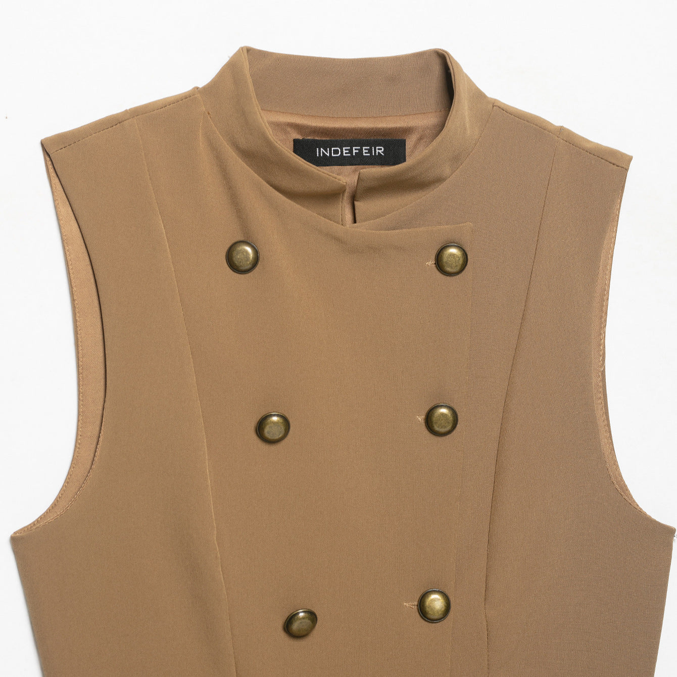 Women Double-Breasted Tailored Vest with Stand-up Collar and Waist Ruffle Chichicherry