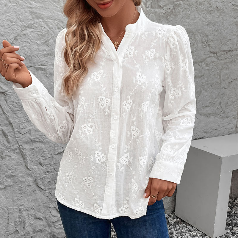 Women's lightweight embroidered voile blouse with stand-up collar and full button placket Chichicherry