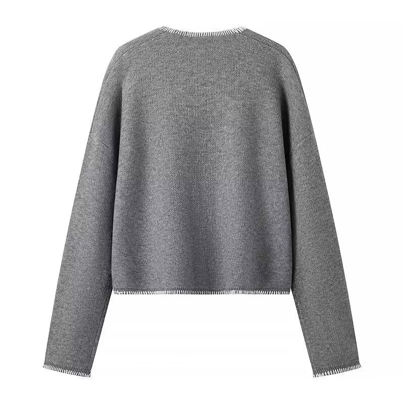 Women Short V-Neck Sweater with Decorative Seams and Patch Pockets Chichicherry