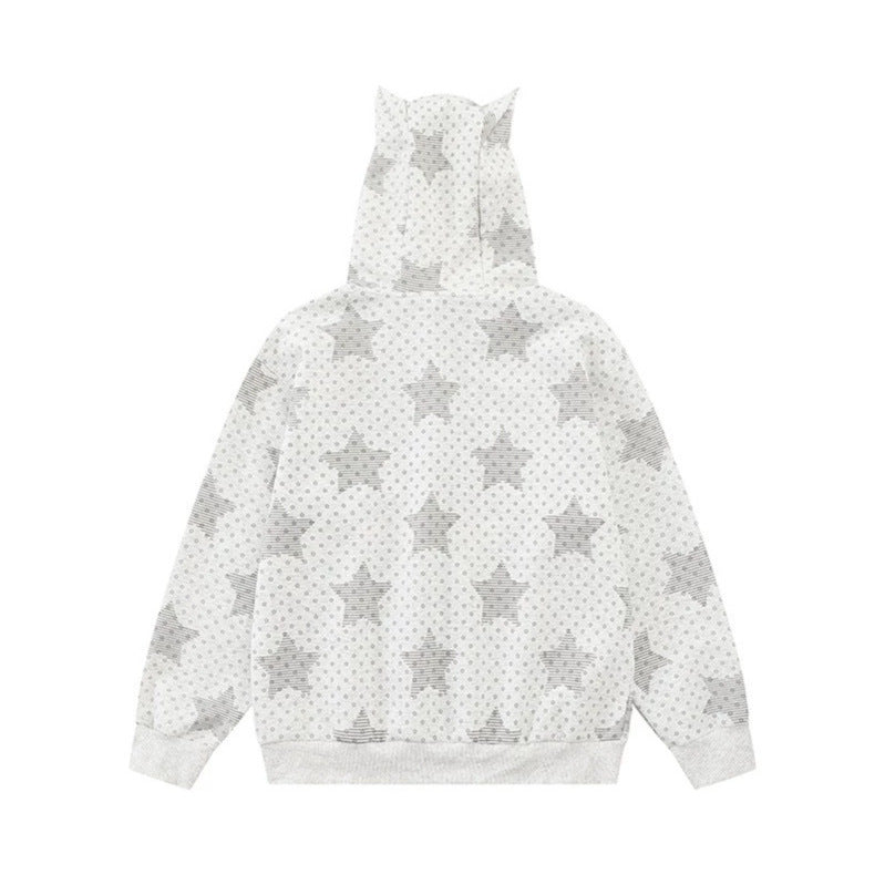 Women's Hoodie Sweat Jacket with 3D Ear Appliqués, Full Zip and Playful Military Illustration Print Chichicherry