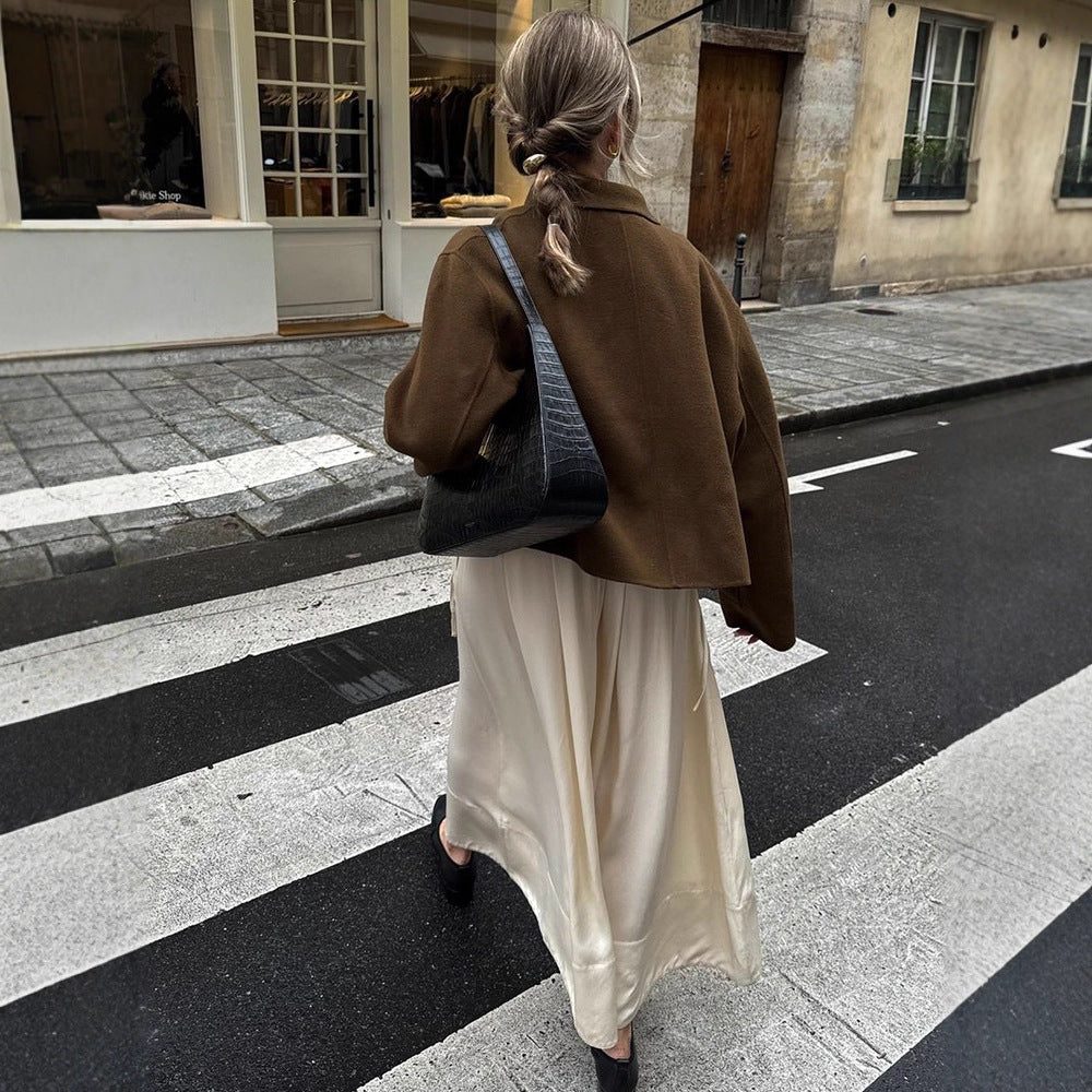 Women Short Wool Blend Blazer with Boxy Silhouette and Extra Long Sleeves Chichicherry