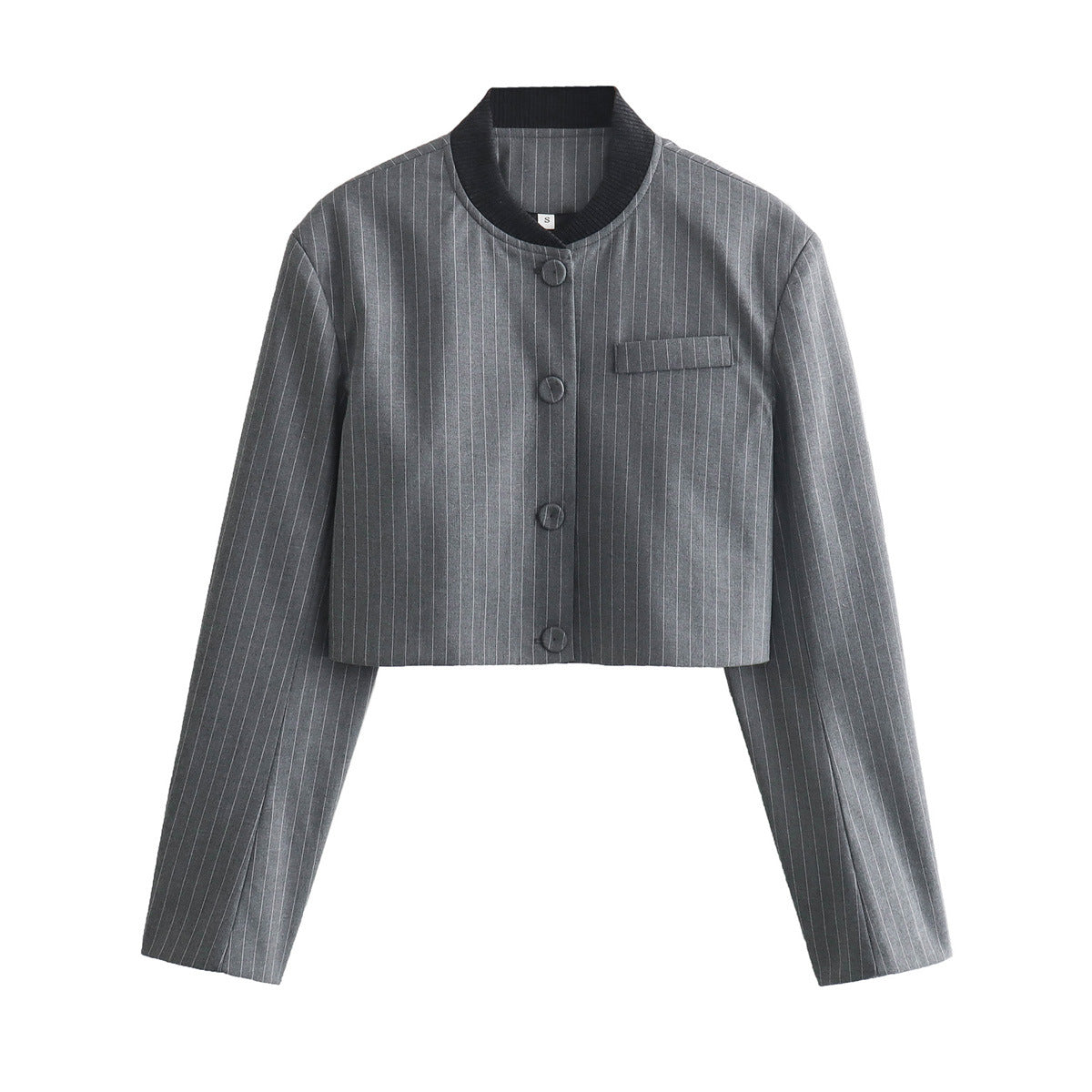 Women Two-Piece Pinstripe Suit Set with Short Stand Collar Blazer and Wide Pleat Pants Chichicherry