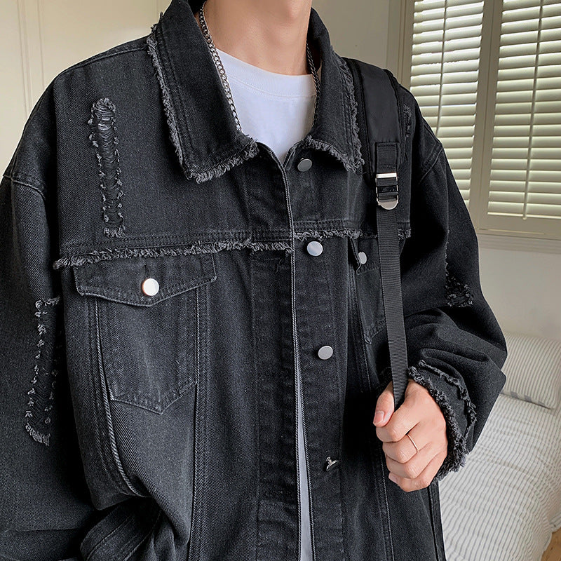 Men's Oversize Denim Jacket with Used Look, Frayed Edges and Snap Buttons Chichicherry