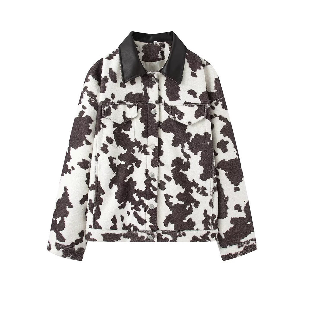 Women’s Short Jacket in Trucker Style with Cow Spot Pattern and Faux Leather Collar Chichicherry