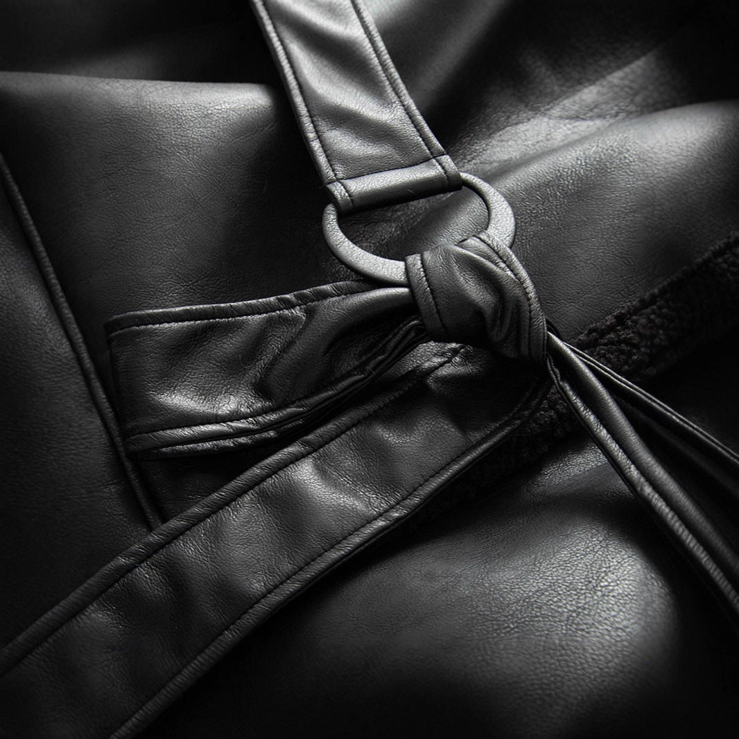 Women's long faux leather coat with teddy lining and belted waist Chichicherry