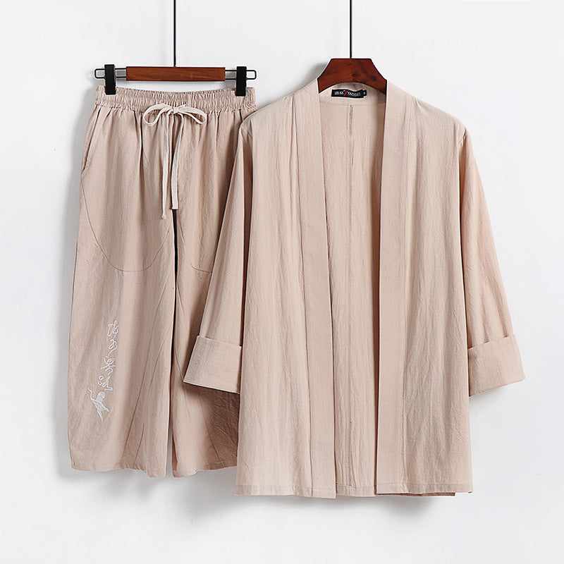 Women Kimono Set made of lightweight cotton blend open jacket with casually rolled sleeves and wide harem pants with drawstring Chichicherry