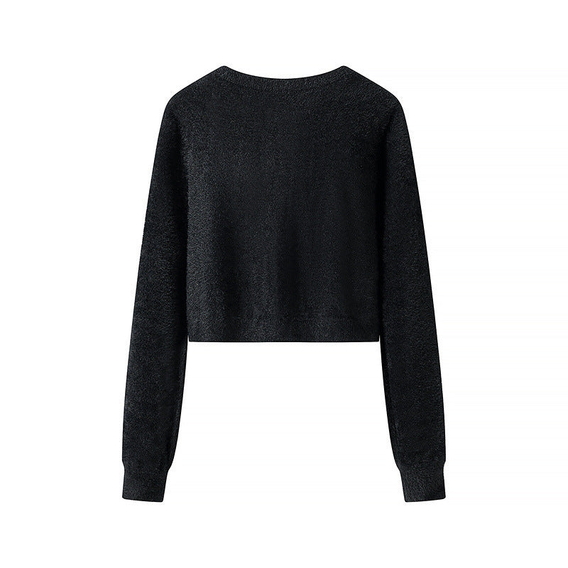 Women Fluffy Cropped Cardigan with Round Neck and Decorative Button Placket Chichicherry