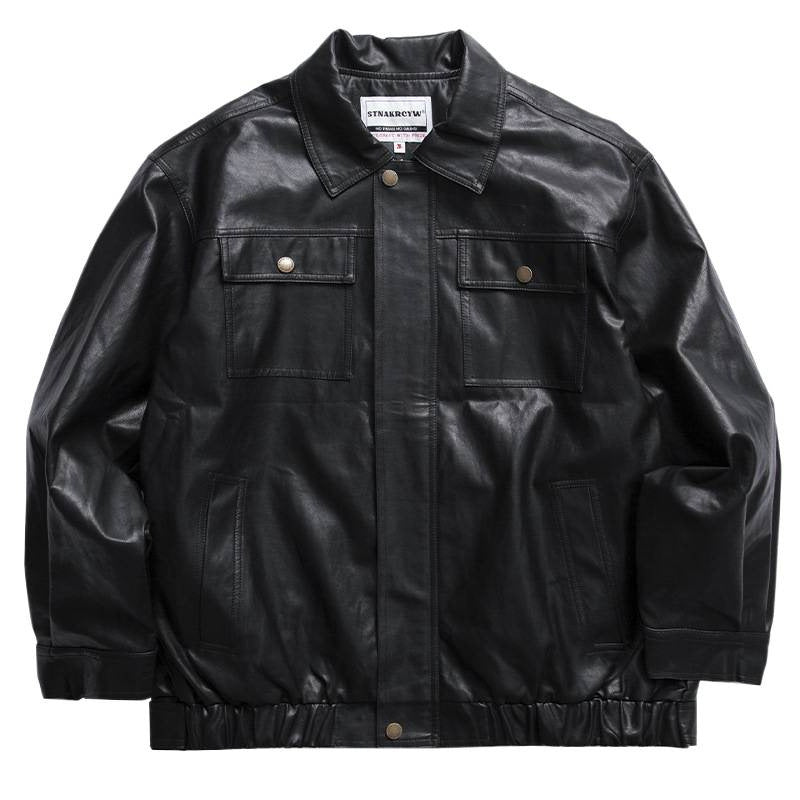 Herren Oversized Lederoptik-Utility-Jacke mit Pattentaschen und elastischem Saum Chichicherry
