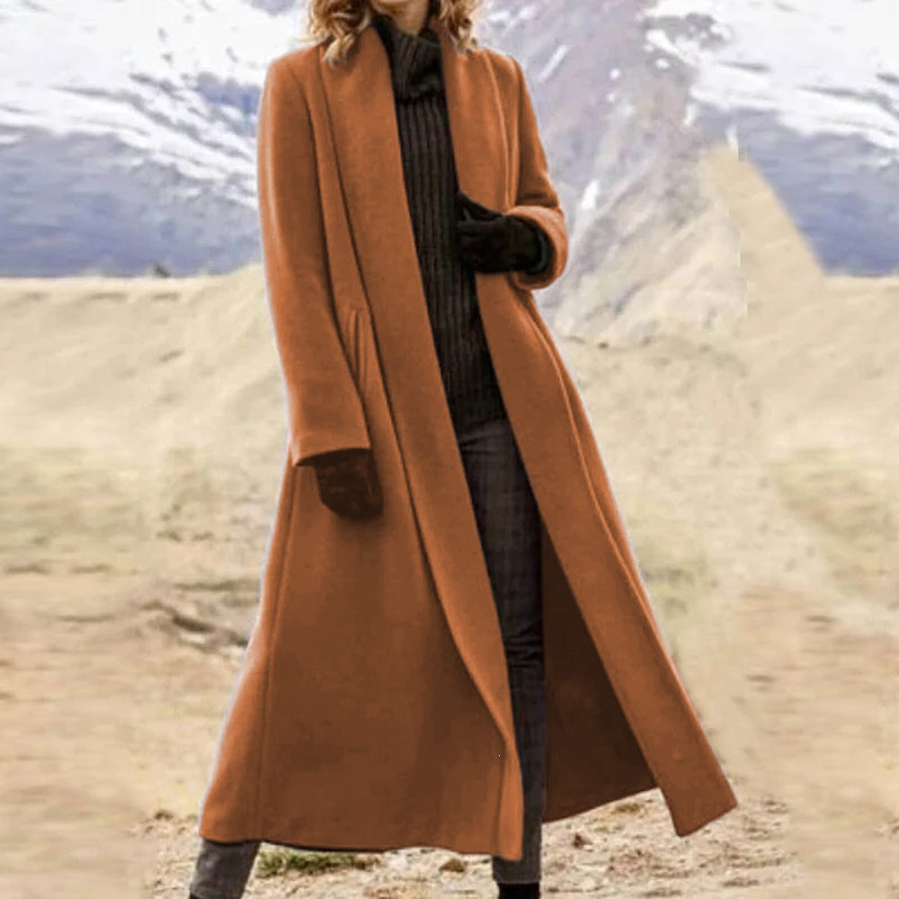 Women elegant long wool blend coat with open fall and side pockets Chichicherry
