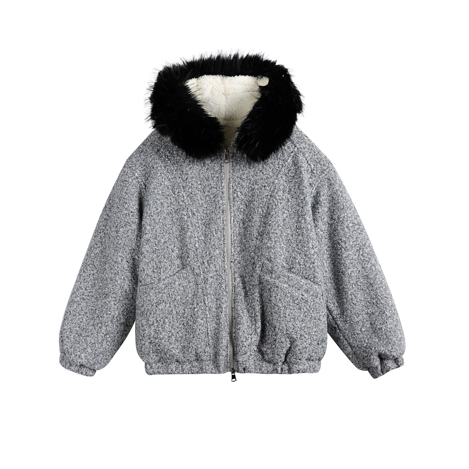 Women's Boucle Blouson Jacket with Voluminous Faux Fur Collar and Thermal Lining Chichicherry