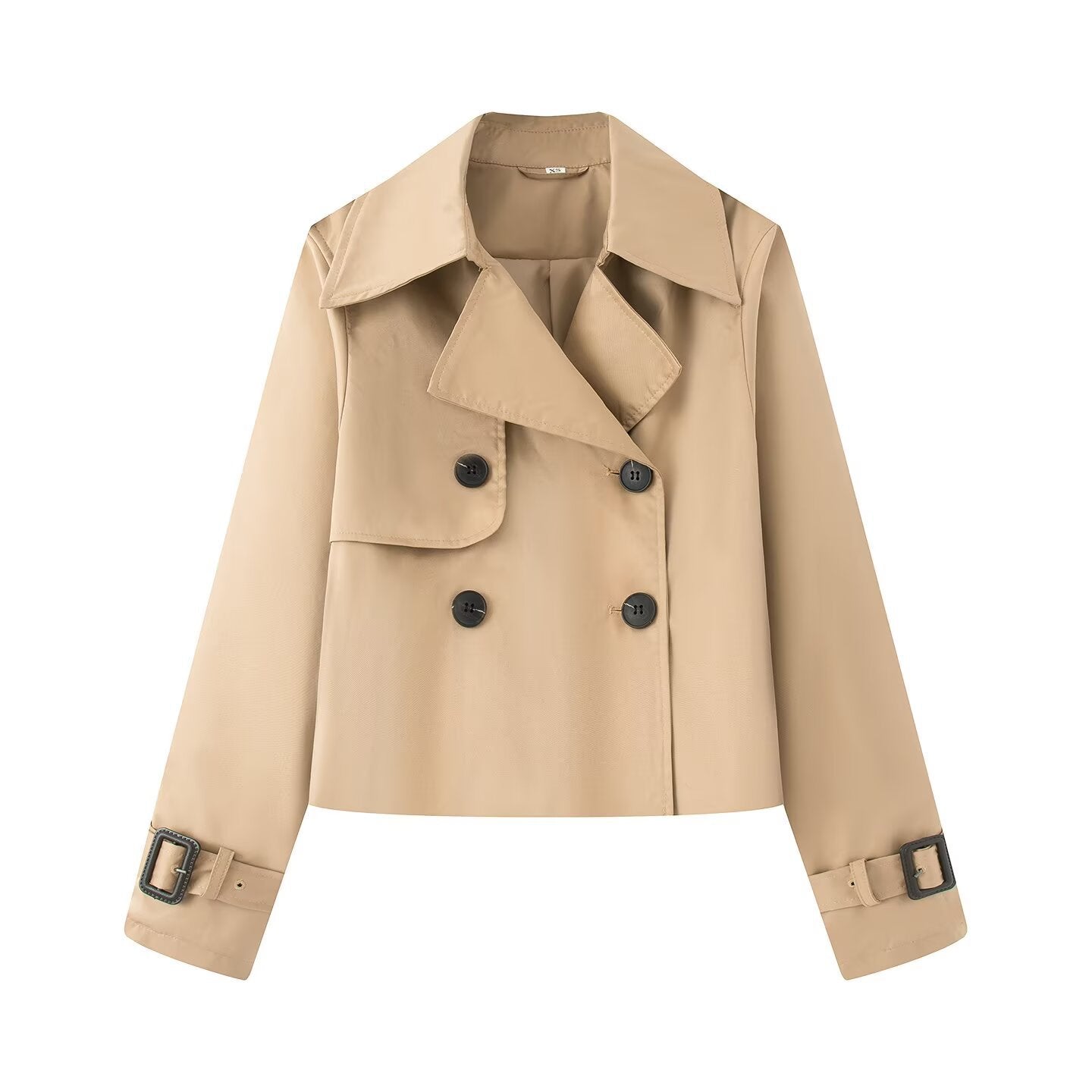 Women Cropped Double-breasted Trench Coat with Wide Lapels and Adjustable Cuffs Chichicherry