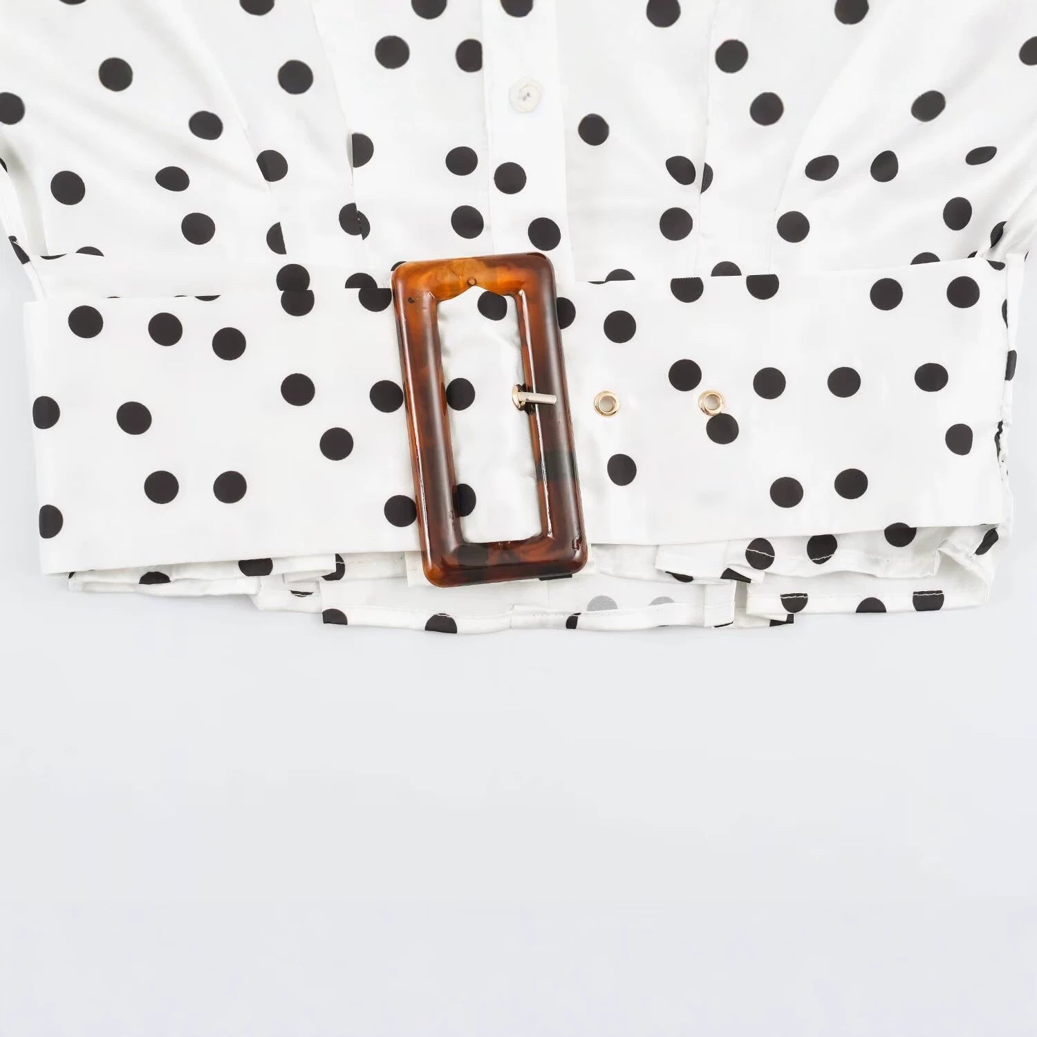 Women's Polka Dot Cropped Blouse with Wide Waist Belt and Balloon Sleeves Chichicherry