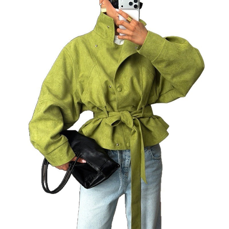 Ladies Tailored Short Jacket in Blouson Style with Tie Belt and Stand-Up Collar Chichicherry