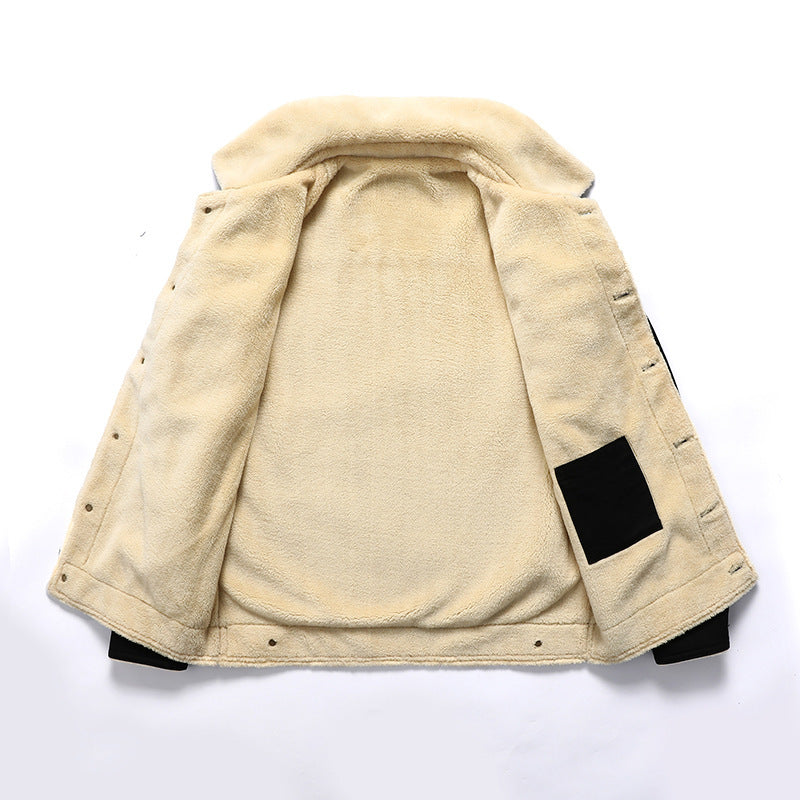 Men's Sherpa-lined canvas trucker jacket with faux fur collar and utility pockets Chichicherry