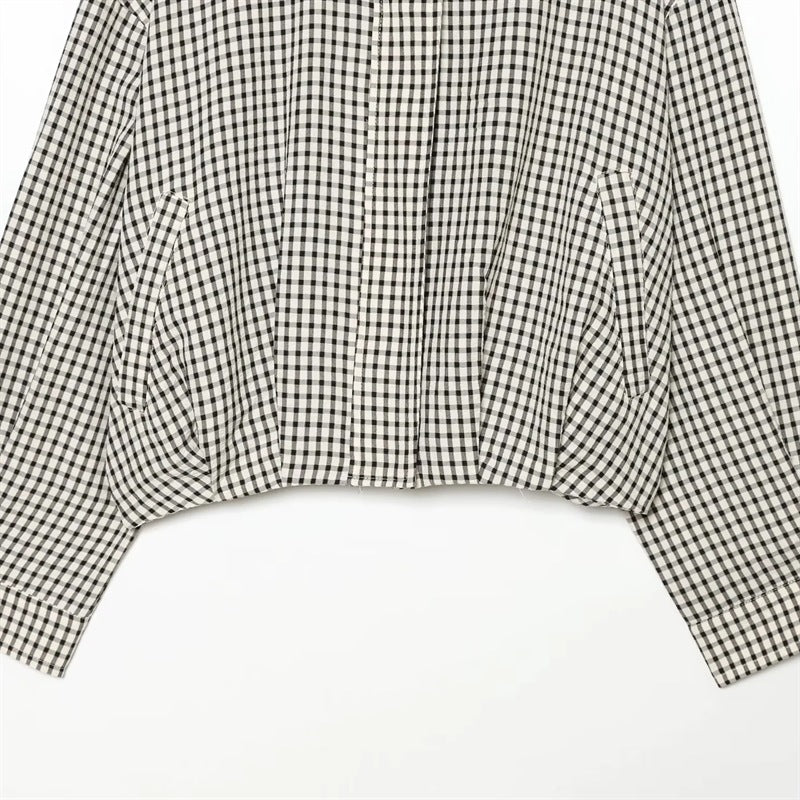 Women's short-cut boxy blouse in Vichy check with stand-up collar and elastic hem Chichicherry
