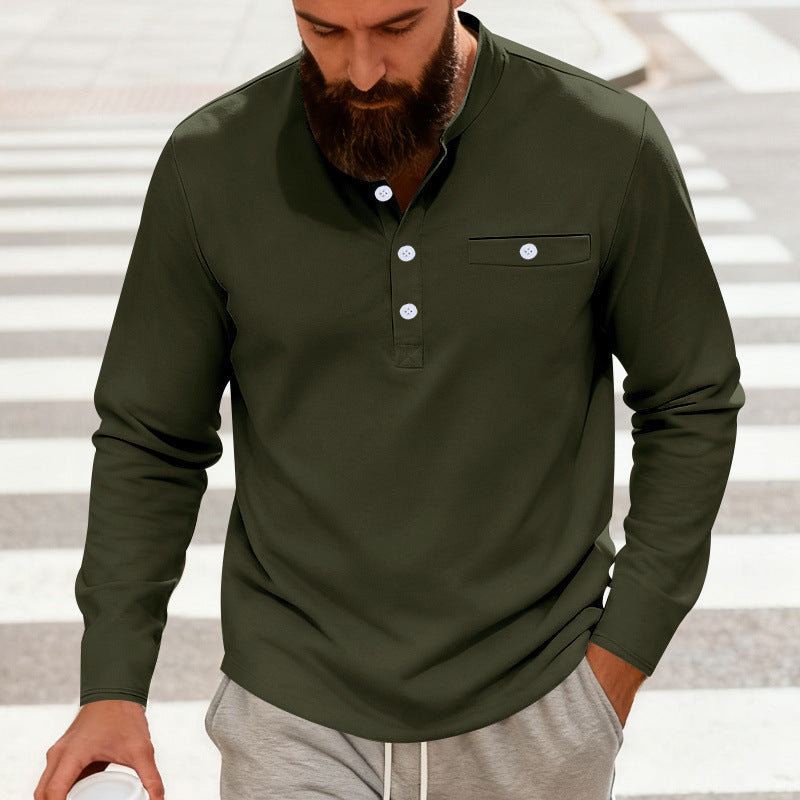 Men's Casual Henley Long Sleeve Shirt with Stand-Up Collar, Chest Pocket, and Curved Hem Chichicherry