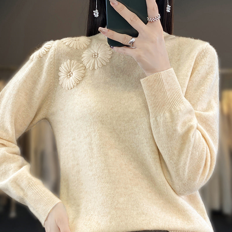 Women Soft Fine Knit Sweater with Short Stand-Up Collar, 3D Flower Application and Ribbed Cuffs Chichicherry