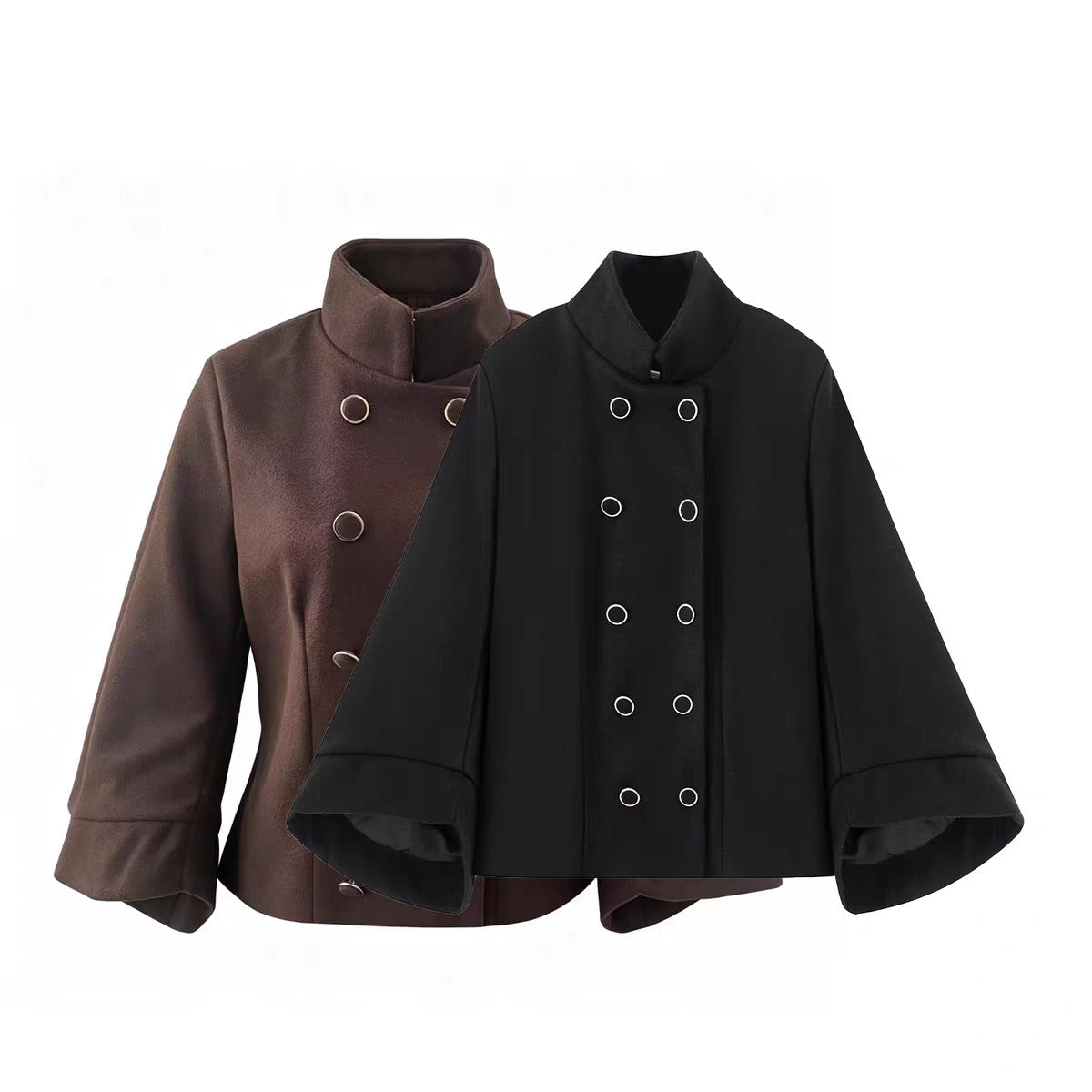 Women's short jacket in double-breasted with stand-up collar, tailored silhouette and bell sleeves Chichicherry
