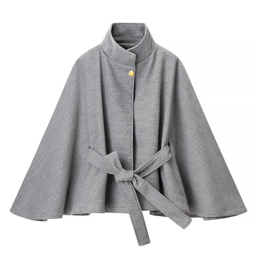 Women's short cape coat made of wool blend with stand-up collar, wide kimono sleeves, and tie belt Chichicherry